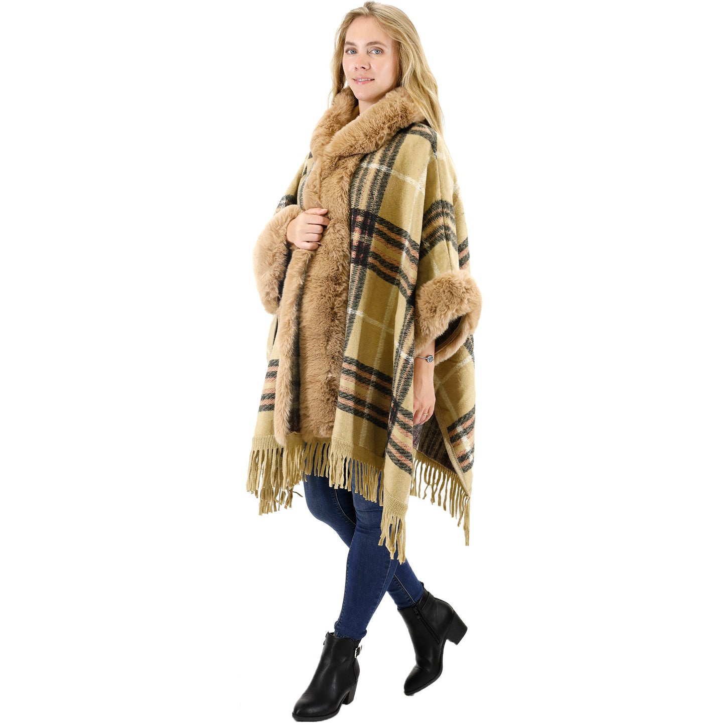Check Pattern Fur Fringed Shawl P177 (1PC)
