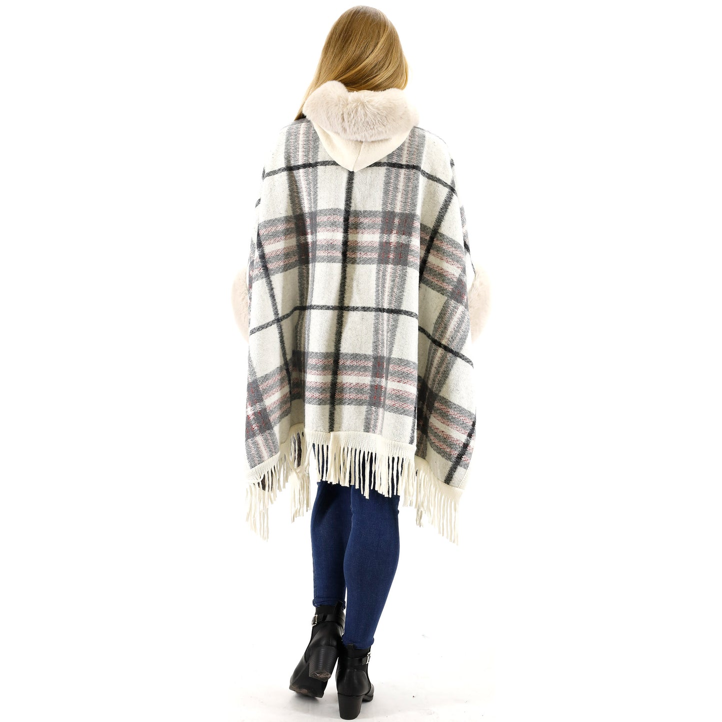 Check Pattern Fur Fringed Shawl P177 (1PC)