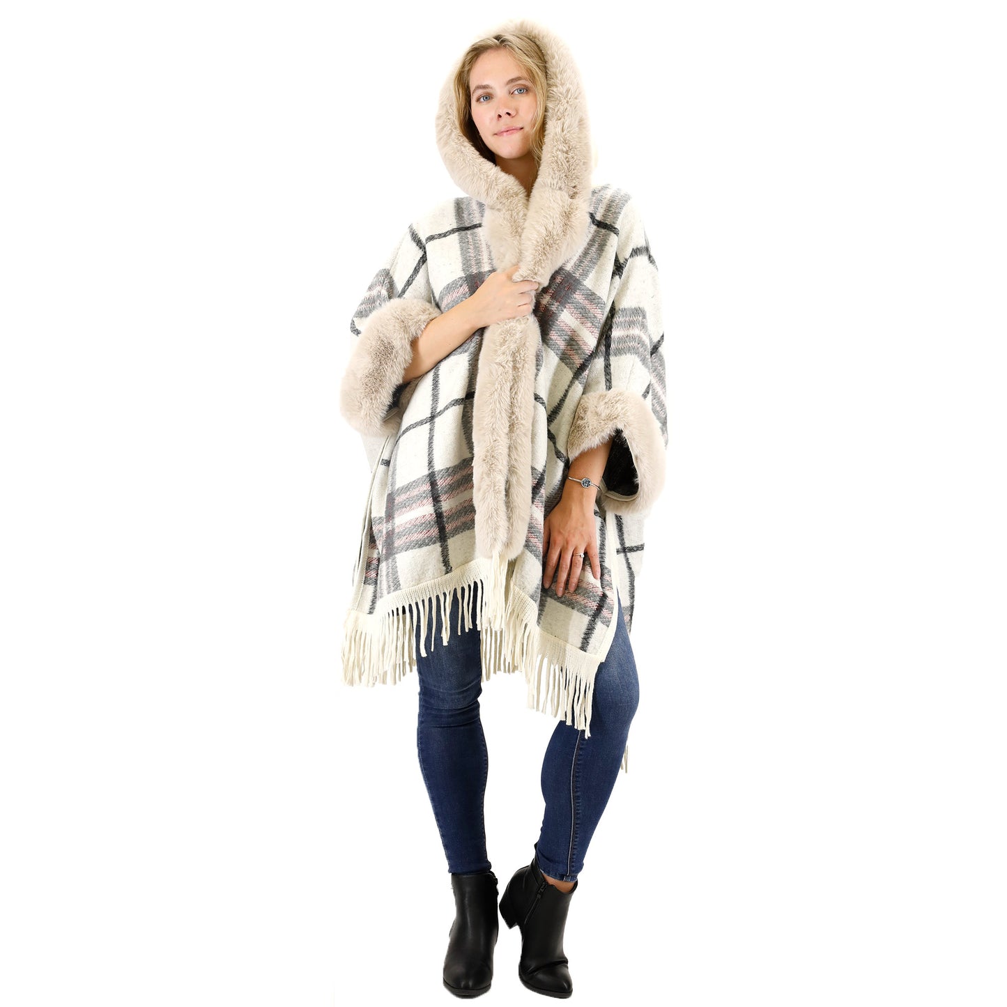 Check Pattern Fur Fringed Shawl P177 (1PC)