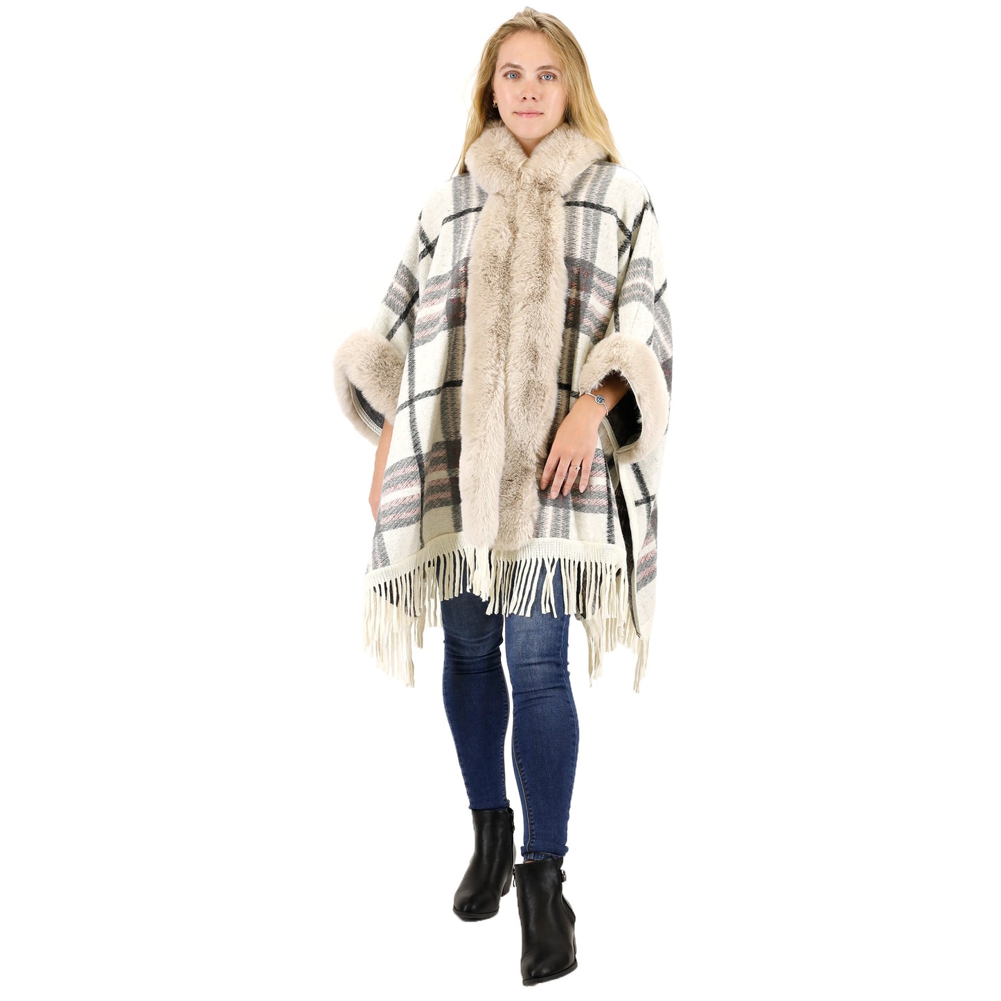 Check Pattern Fur Fringed Shawl P177 (1PC)