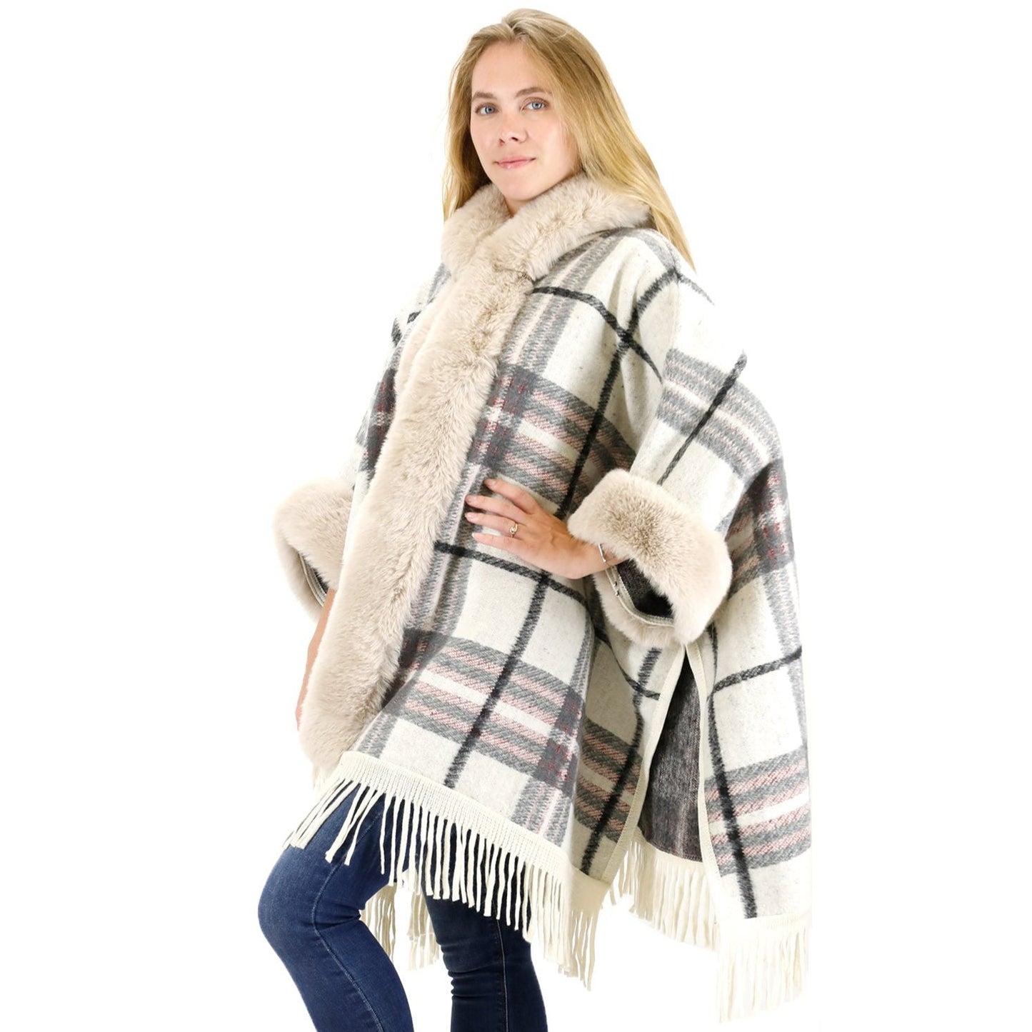 Check Pattern Fur Fringed Shawl P177 (1PC)