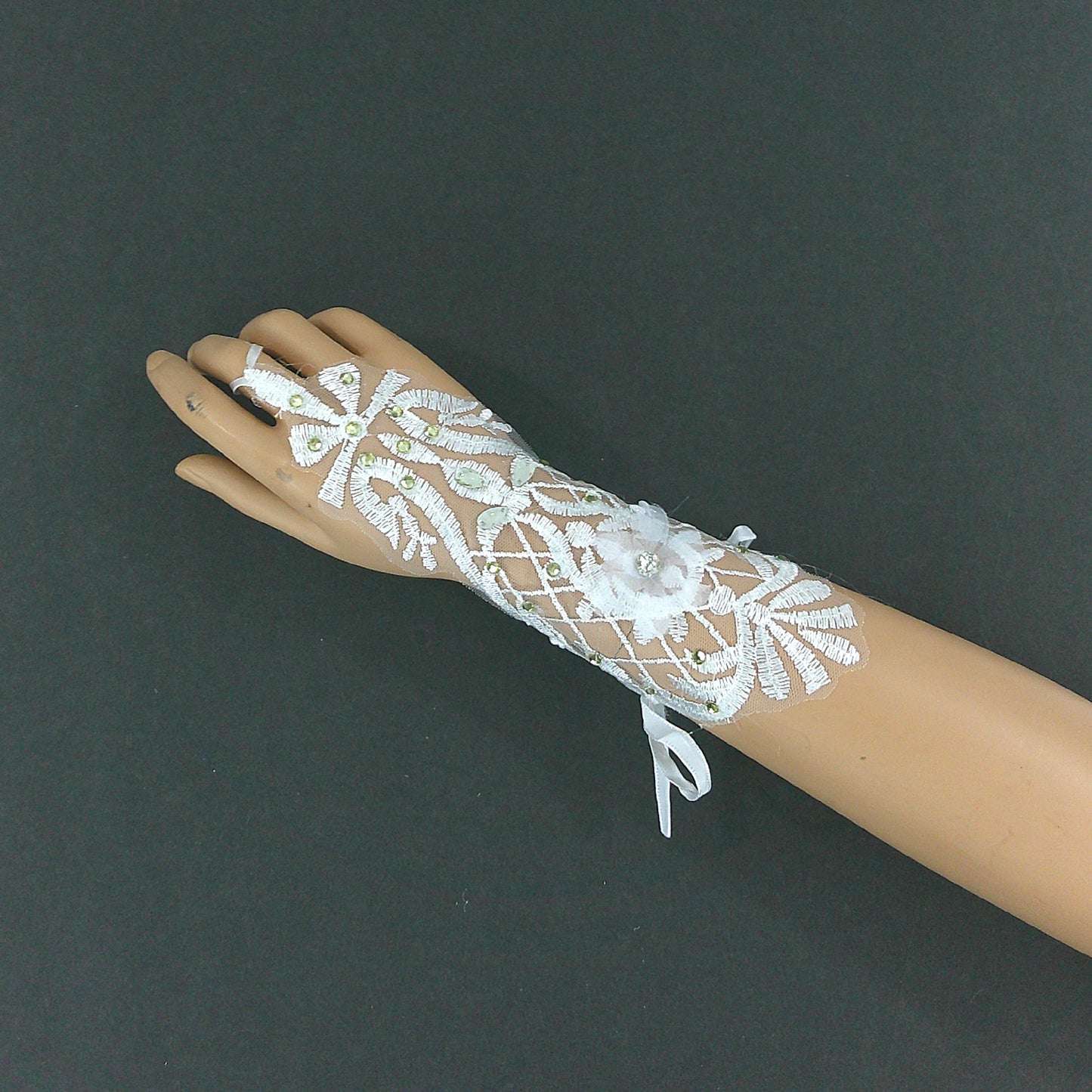Rhinestone Floral Embroidery Lace Fingerless Wedding Gloves WG142 (3pc)