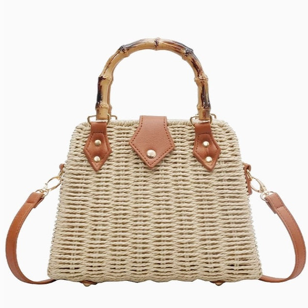 Rattan Beach Tote Shoulder Bag With Bamboo Handle BG4225-12 (1pc)