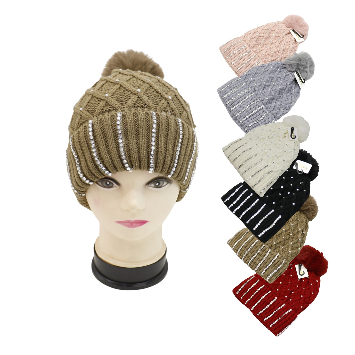 Pom Pom Knitted Beanie With Rhinestone HA4727-8 (12PC)