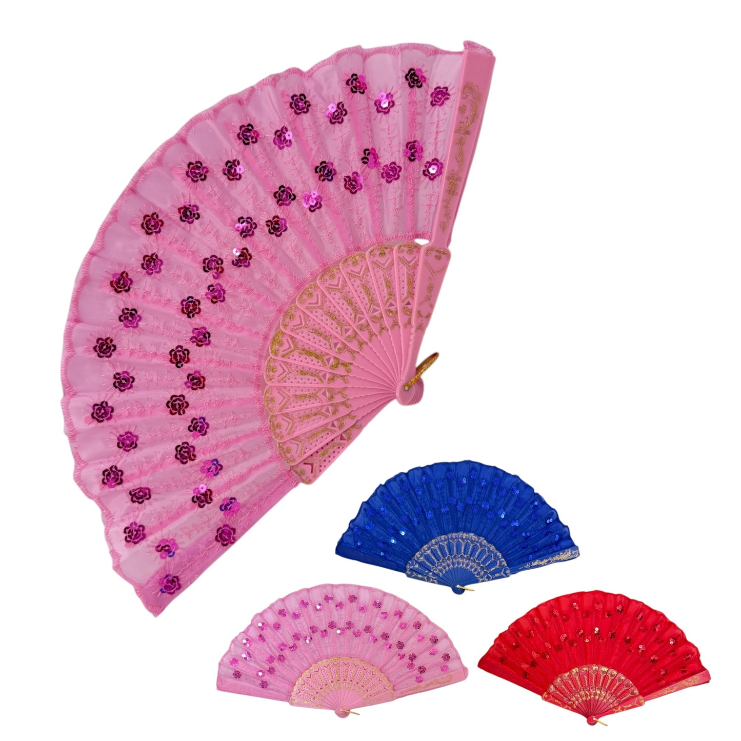 Multi Floral Sequin Hand Held Folding Fan FN0438 (12PC)