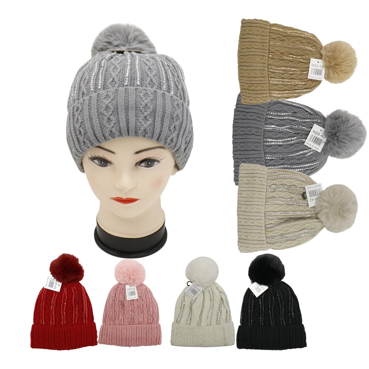 Pom Pom Rhinestone Decor Beanie H20-42 (12PC)