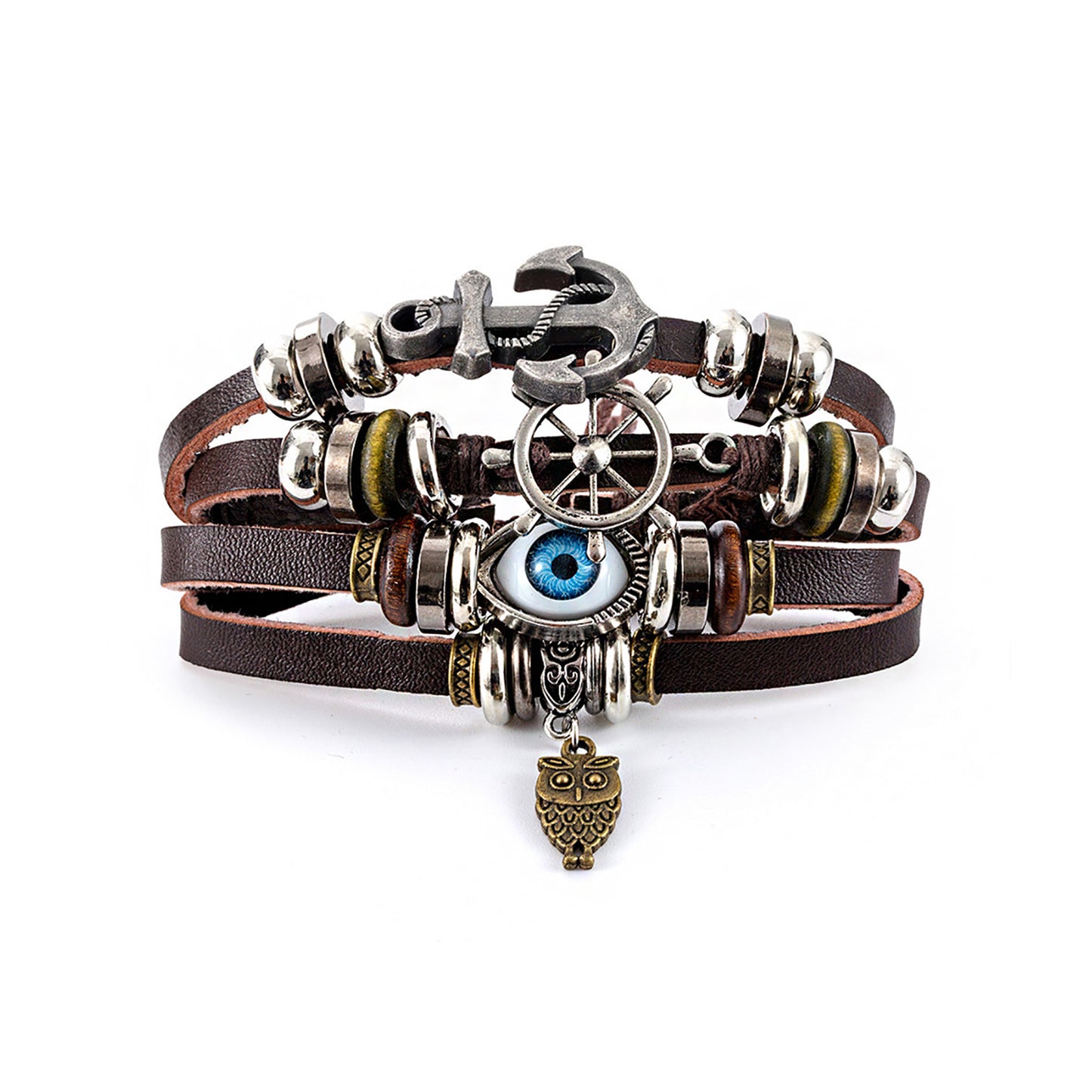 Evil Eye N Anchor 4 Row Boho Leather Bracelet BR2826-24 (12PC)