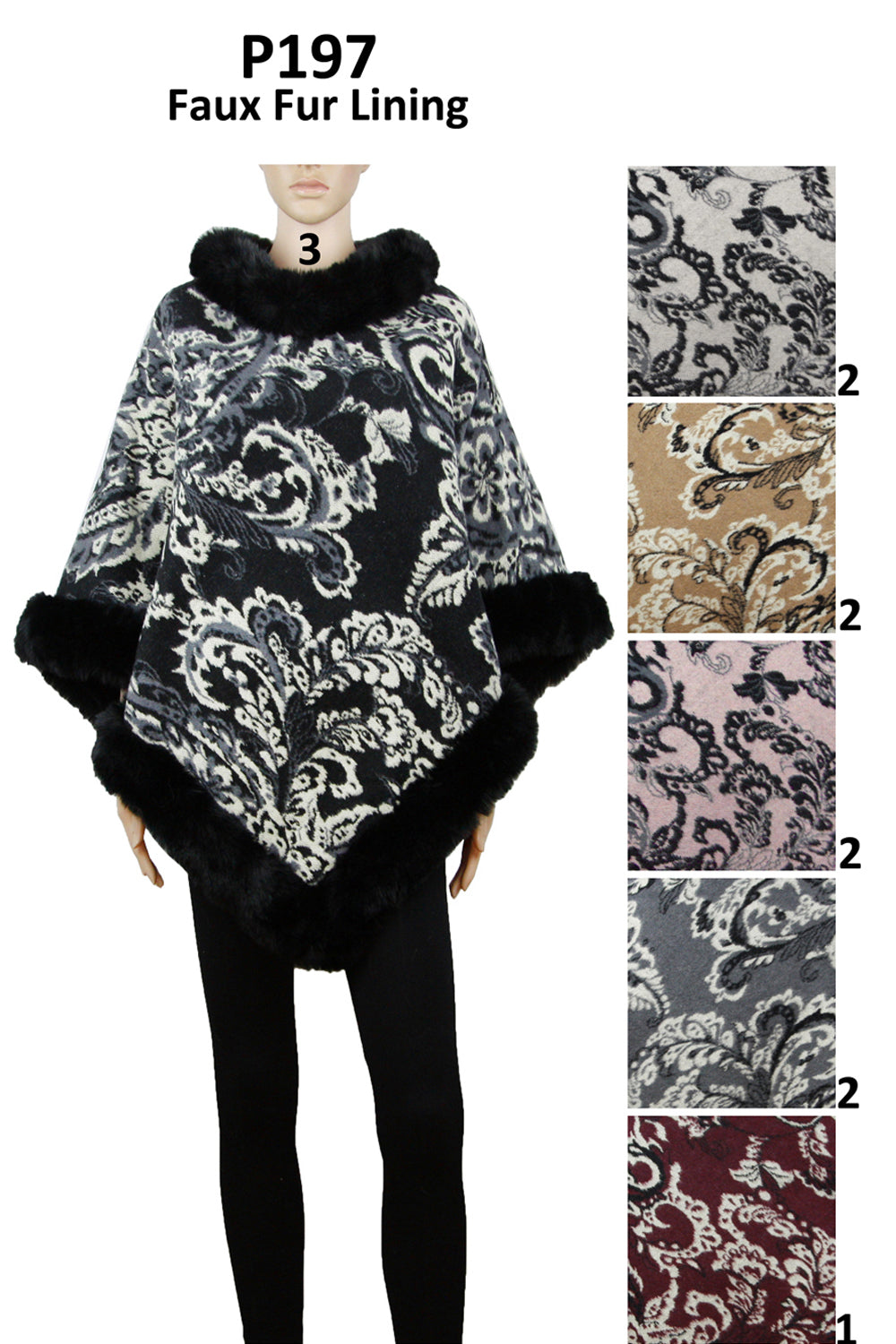 PAISLEY PATTERN FUR FRINGED PONCHO P197 (12PC)
