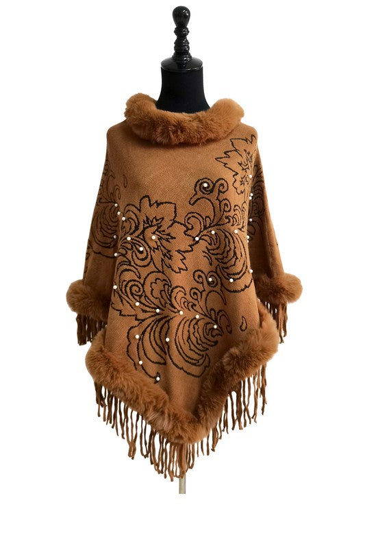 Leaf Pattern Pearl Deco Fur Fringed Poncho Po513-27 (6pc)