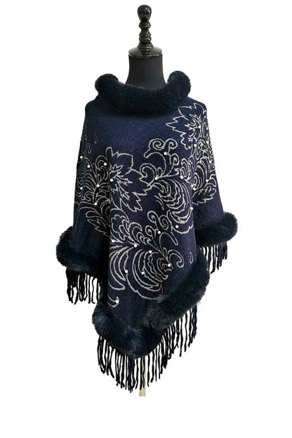 Leaf Pattern Pearl Deco Fur Fringed Poncho Po513-27 (6pc)