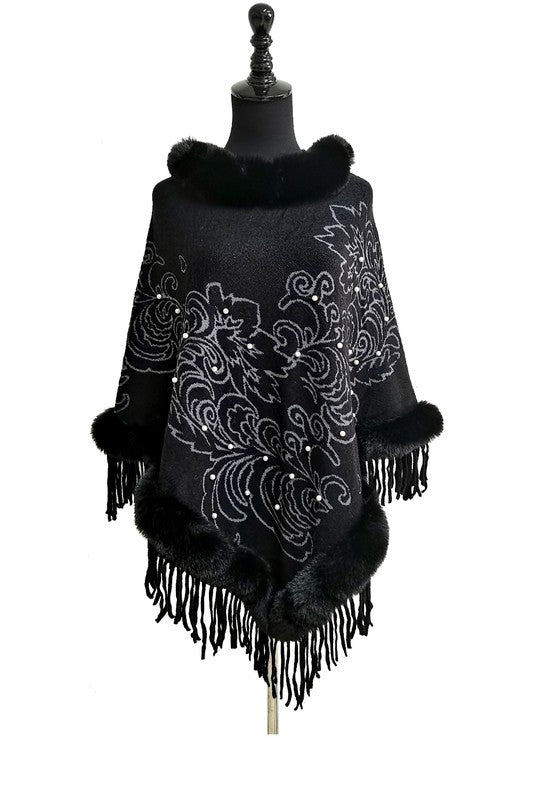 Leaf Pattern Pearl Deco Fur Fringed Poncho Po513-27 (6pc)