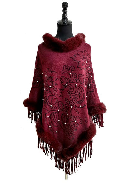 Leaf Pattern Pearl Deco Fur Fringed Poncho Po513-27 (6pc)