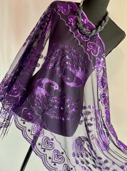 Peacock Sequin Chiffon Embellished Fringe Sheer Shawl Wrap Scarf SC309P (12pc)