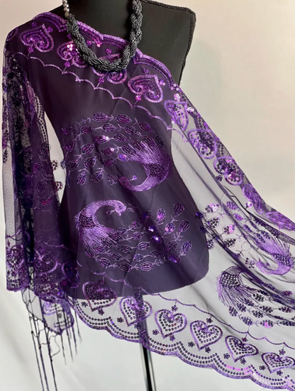 Peacock Sequin Chiffon Embellished Fringe Sheer Shawl Wrap Scarf SC309P (12pc)