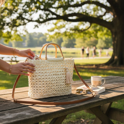 Rattan Beach Tote Shoulder Bag With Tassel BG4225-2... (2pc)