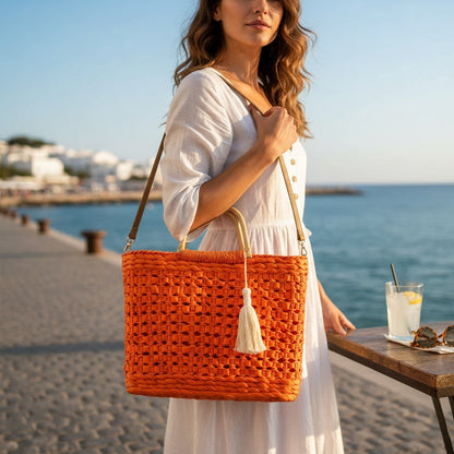 Rattan Beach Tote Shoulder Bag With Tassel BG4225-2... (2pc)