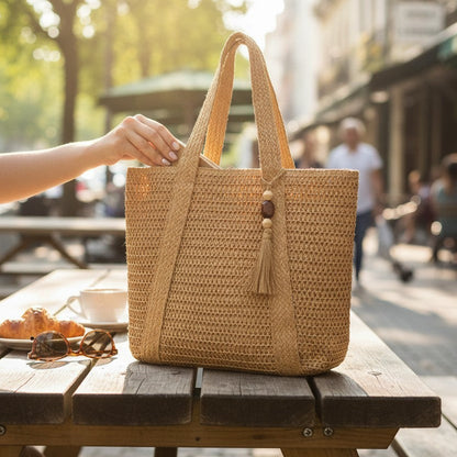 Rattan Beach Tote Shoulder Bag With Tassel BG4225-5. (2pc)