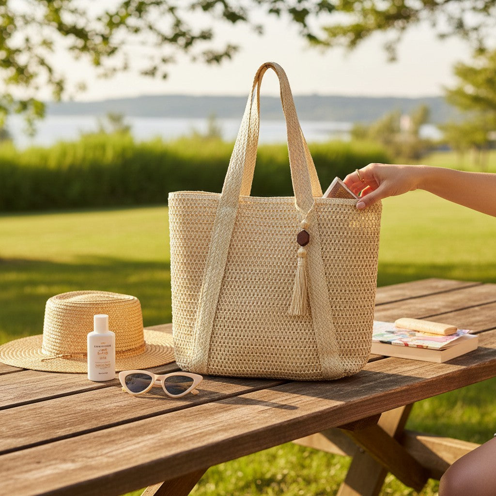 Rattan Beach Tote Shoulder Bag With Tassel BG4225-5. (2pc)