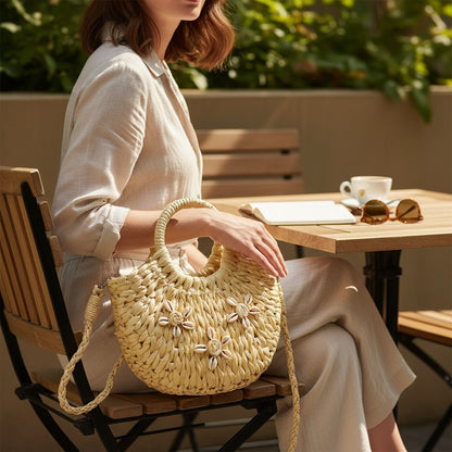 Rattan Beach Tote Shoulder Bag With Shell BG4225-9 (2pc)