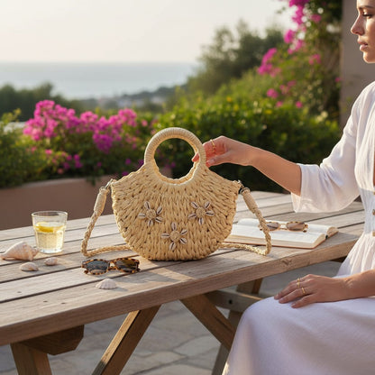 Rattan Beach Tote Shoulder Bag With Shell BG4225-9 (2pc)