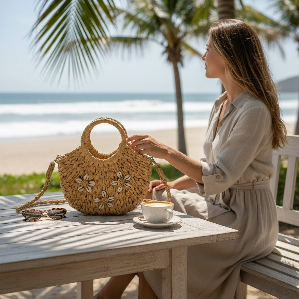 Rattan Beach Tote Shoulder Bag With Shell BG4225-9 (2pc)