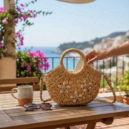 Rattan Beach Tote Shoulder Bag With Shell BG4225-9 (2pc)