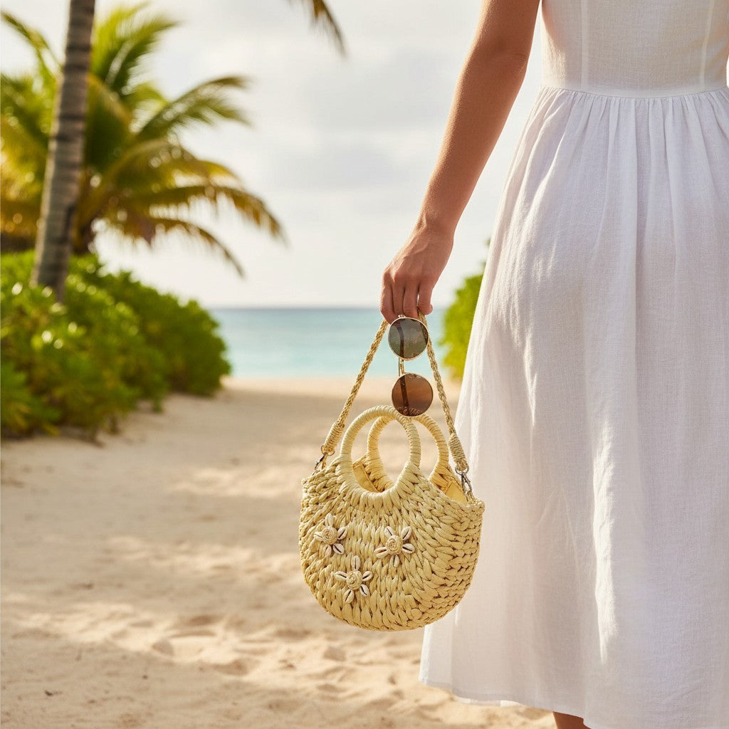 Rattan Beach Tote Shoulder Bag With Shell BG4225-9 (2pc)
