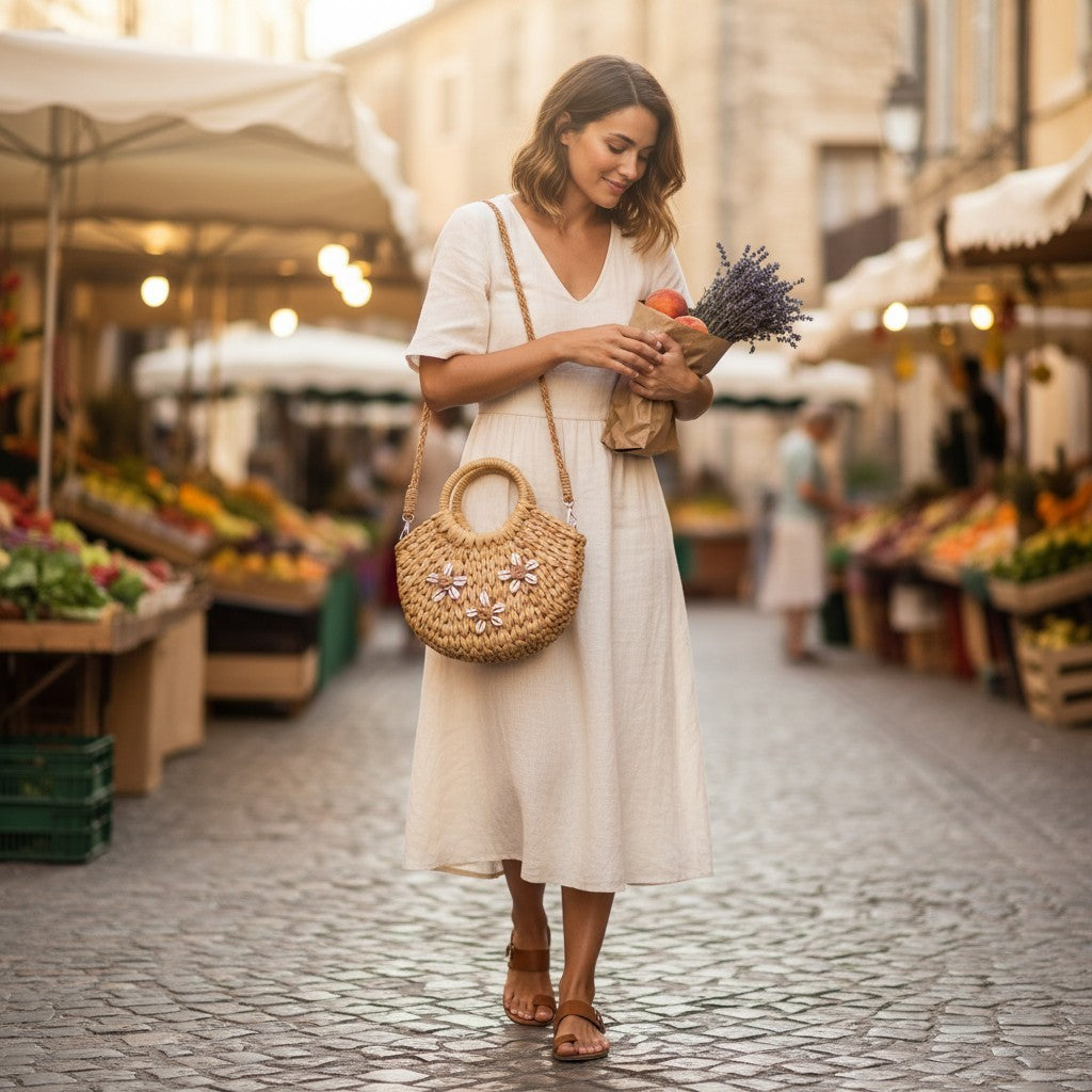 Rattan Beach Tote Shoulder Bag With Shell BG4225-9 (2pc)