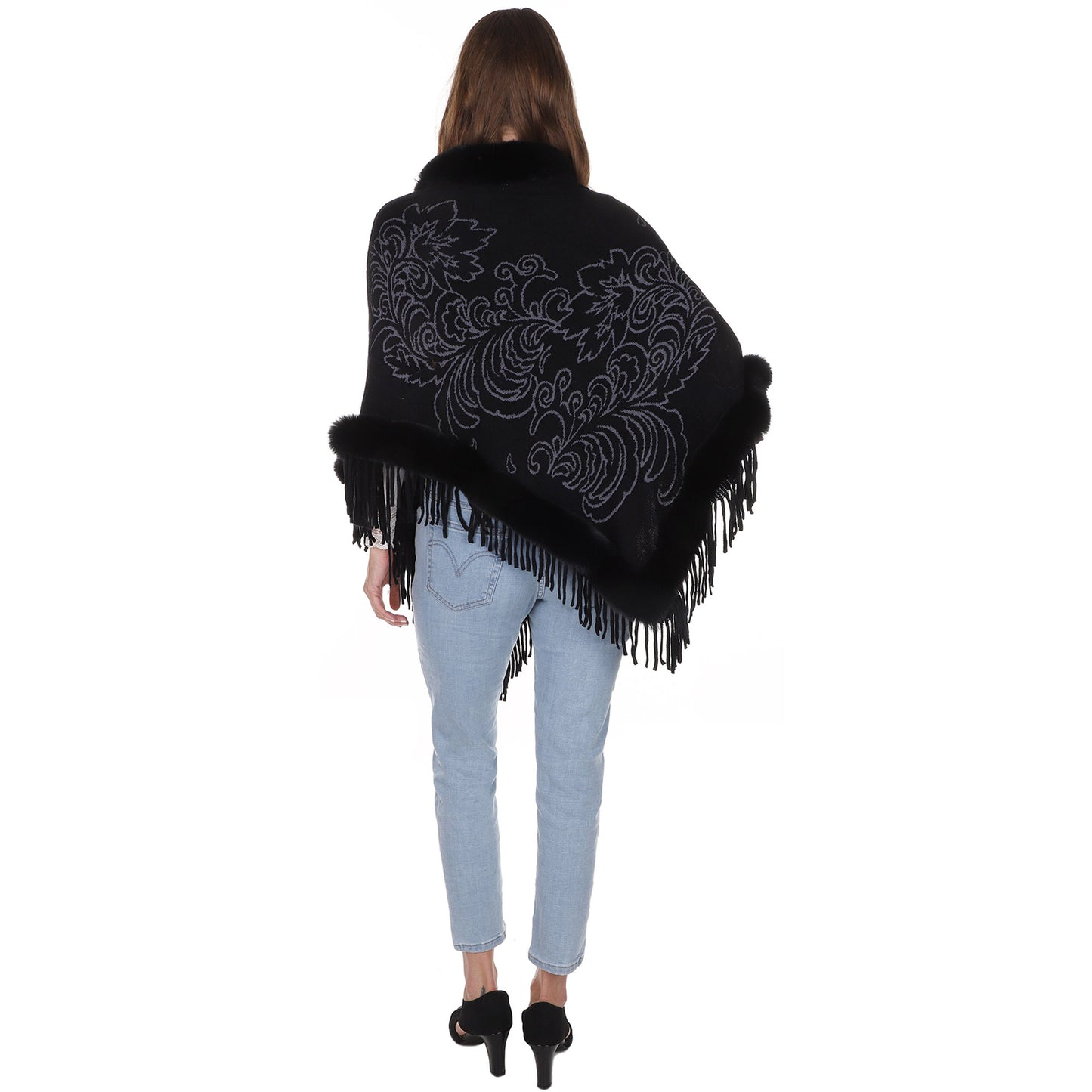Leaf Pattern Pearl Deco Fur Fringed Poncho Po513-27 (6pc)