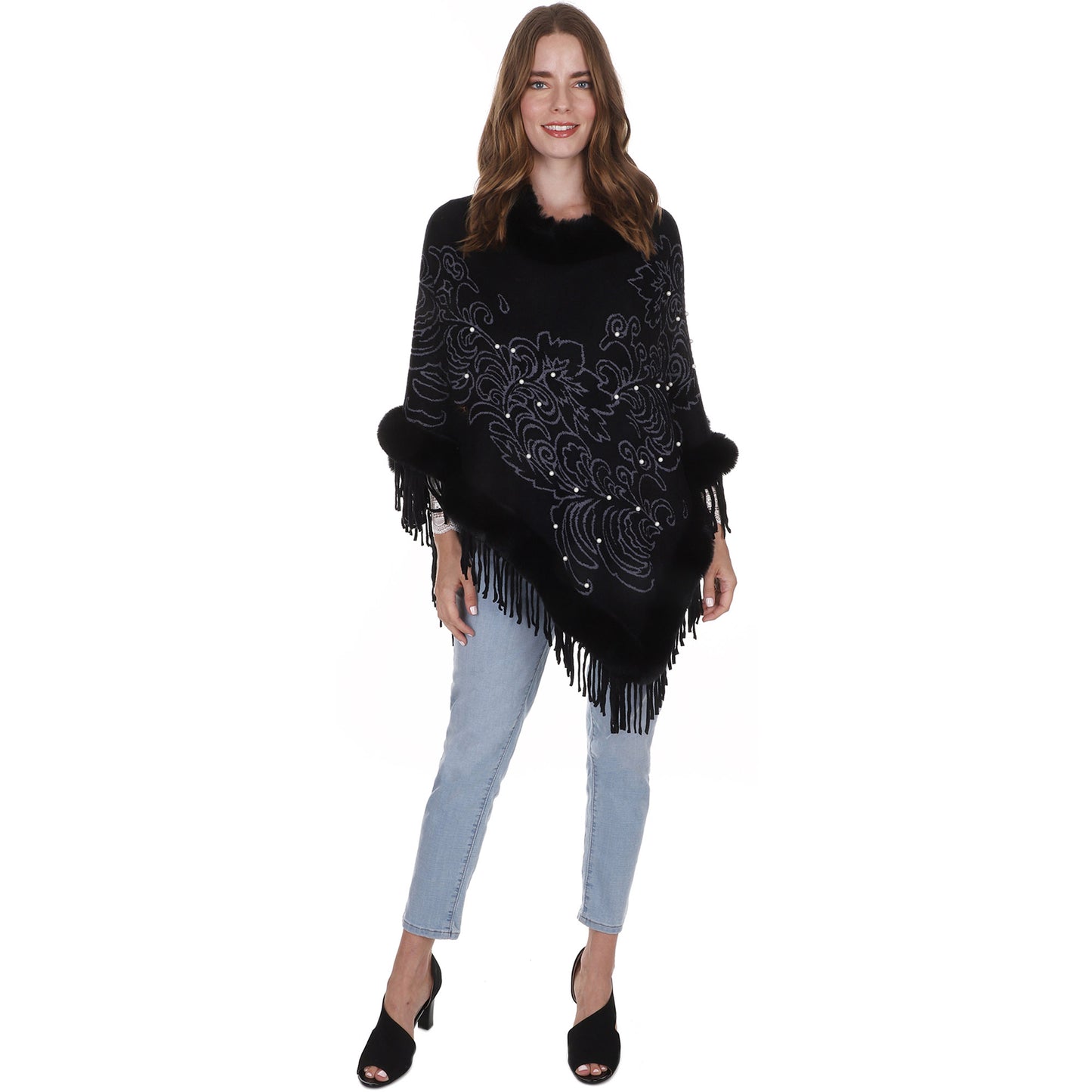 Leaf Pattern Pearl Deco Fur Fringed Poncho Po513-27 (6pc)