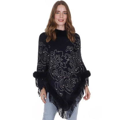 Leaf Pattern Pearl Deco Fur Fringed Poncho Po513-27 (6pc)
