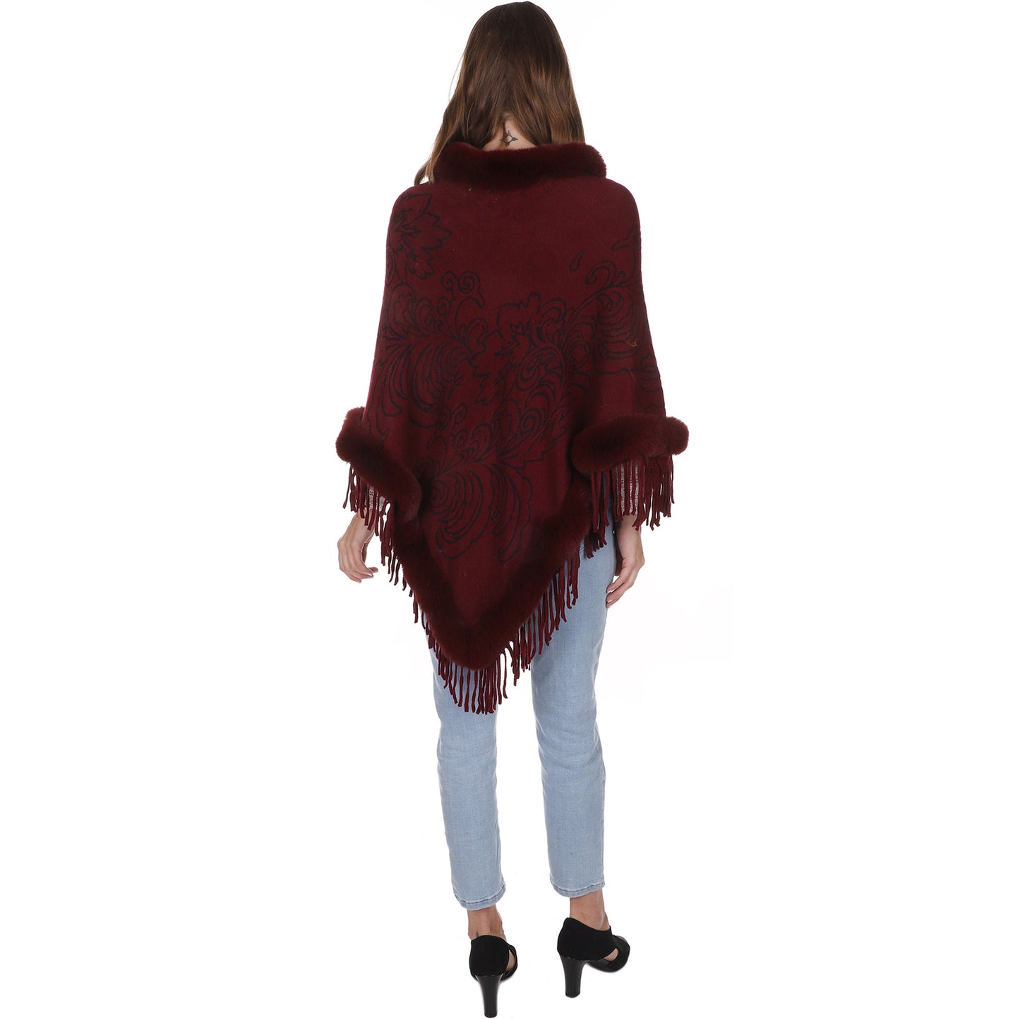 Leaf Pattern Pearl Deco Fur Fringed Poncho Po513-27 (6pc)