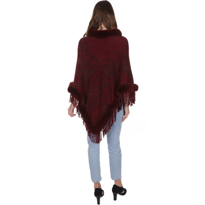 Leaf Pattern Pearl Deco Fur Fringed Poncho Po513-27 (6pc)