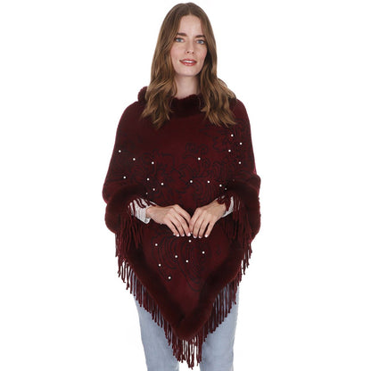Leaf Pattern Pearl Deco Fur Fringed Poncho Po513-27 (6pc)