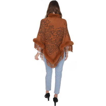 Leaf Pattern Pearl Deco Fur Fringed Poncho Po513-27 (6pc)
