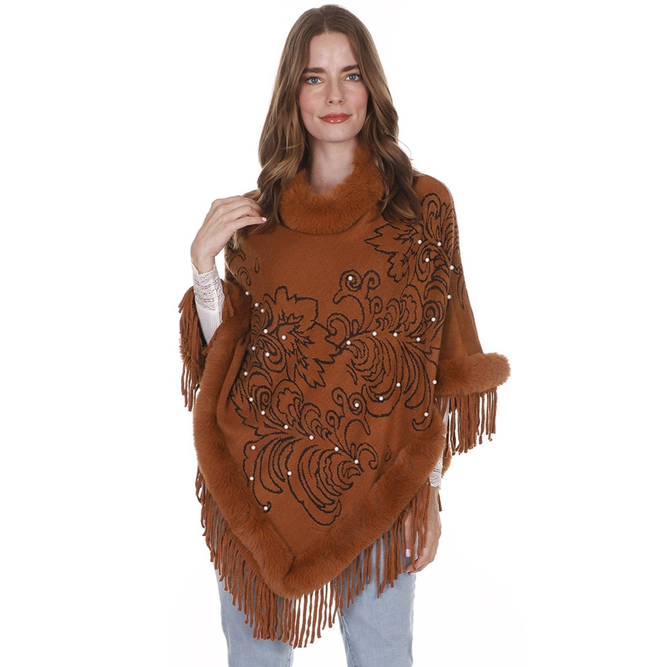 Leaf Pattern Pearl Deco Fur Fringed Poncho Po513-27 (6pc)