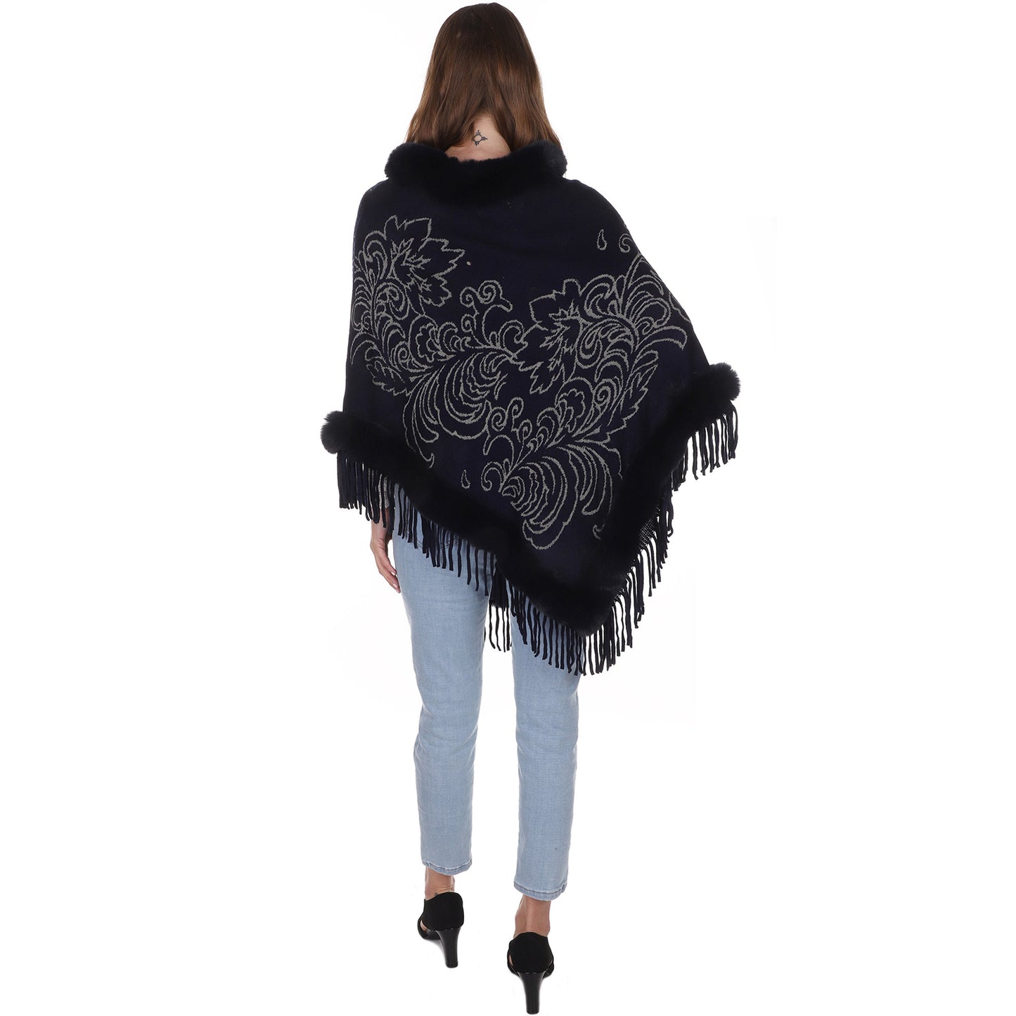 Leaf Pattern Pearl Deco Fur Fringed Poncho Po513-27 (6pc)