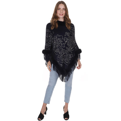 Leaf Pattern Pearl Deco Fur Fringed Poncho Po513-27 (6pc)