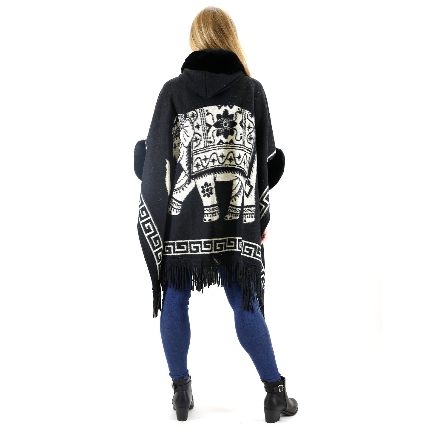 Faux Fur Elephant Pattern Fringed Hoodie Shawl P3825 (3PC)