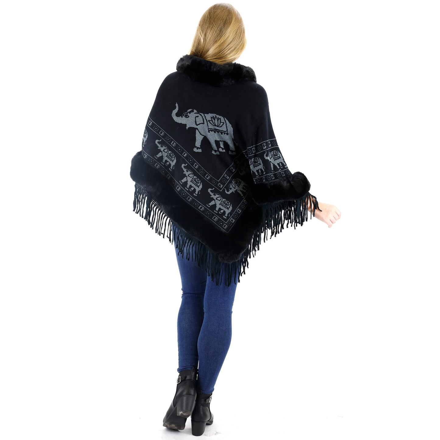 Elephant Pattern Fur Fringed Poncho P191 (12PC)