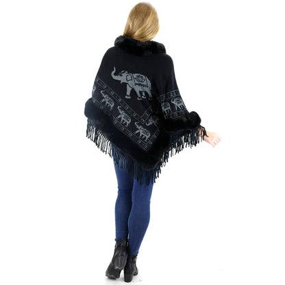 Elephant Pattern Fur Fringed Poncho P191 (12PC)