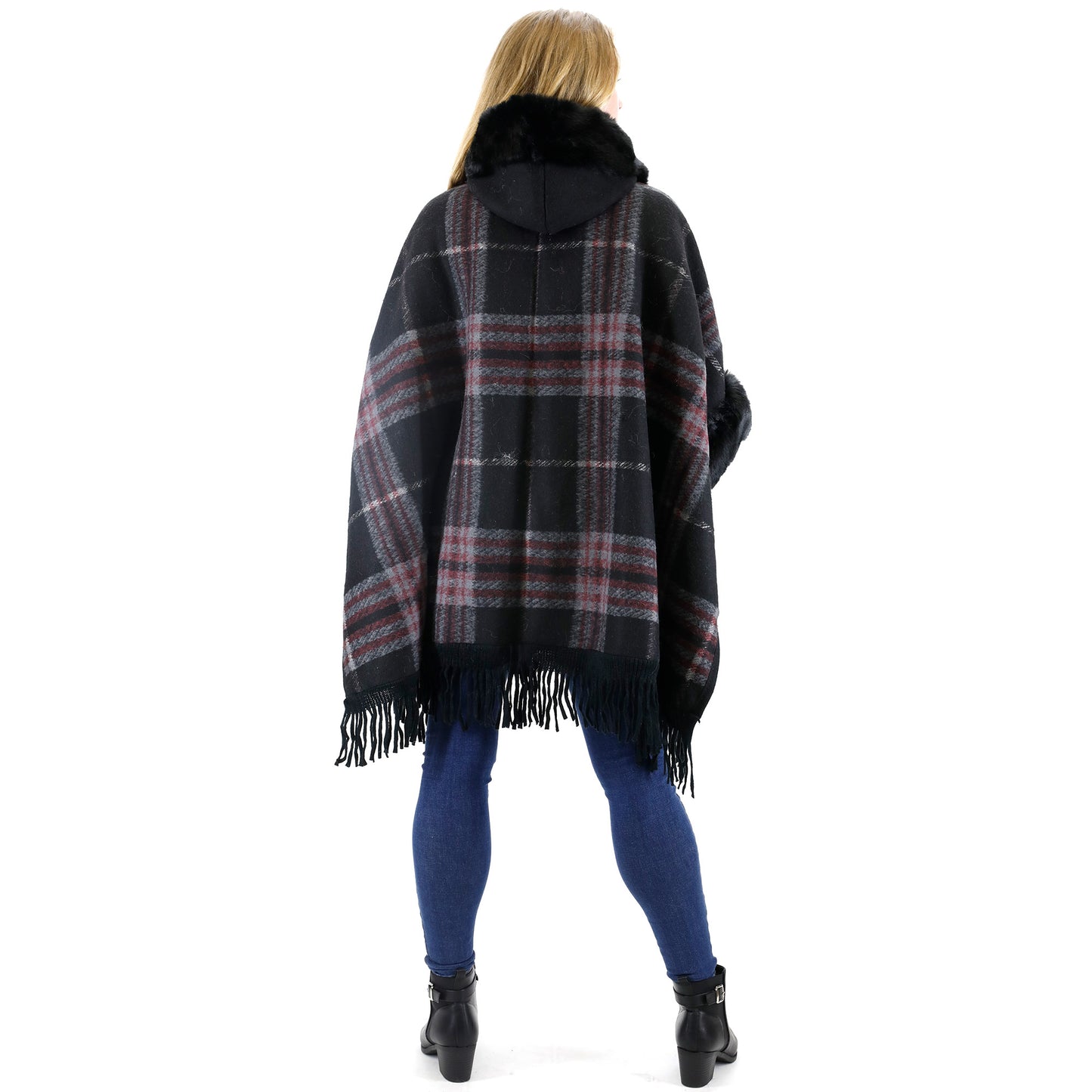FAUX FUR PLAID PATTERN HOODIE SHAWL P3805 (3PC)