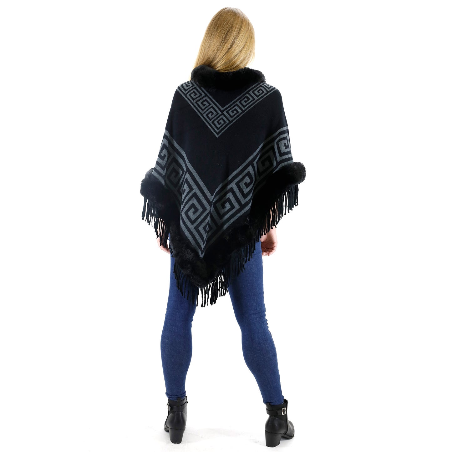 Monogram Pattern Fur Fringed Poncho P195 (12PC)