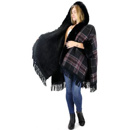 FAUX FUR PLAID PATTERN HOODIE SHAWL P3805 (3PC)