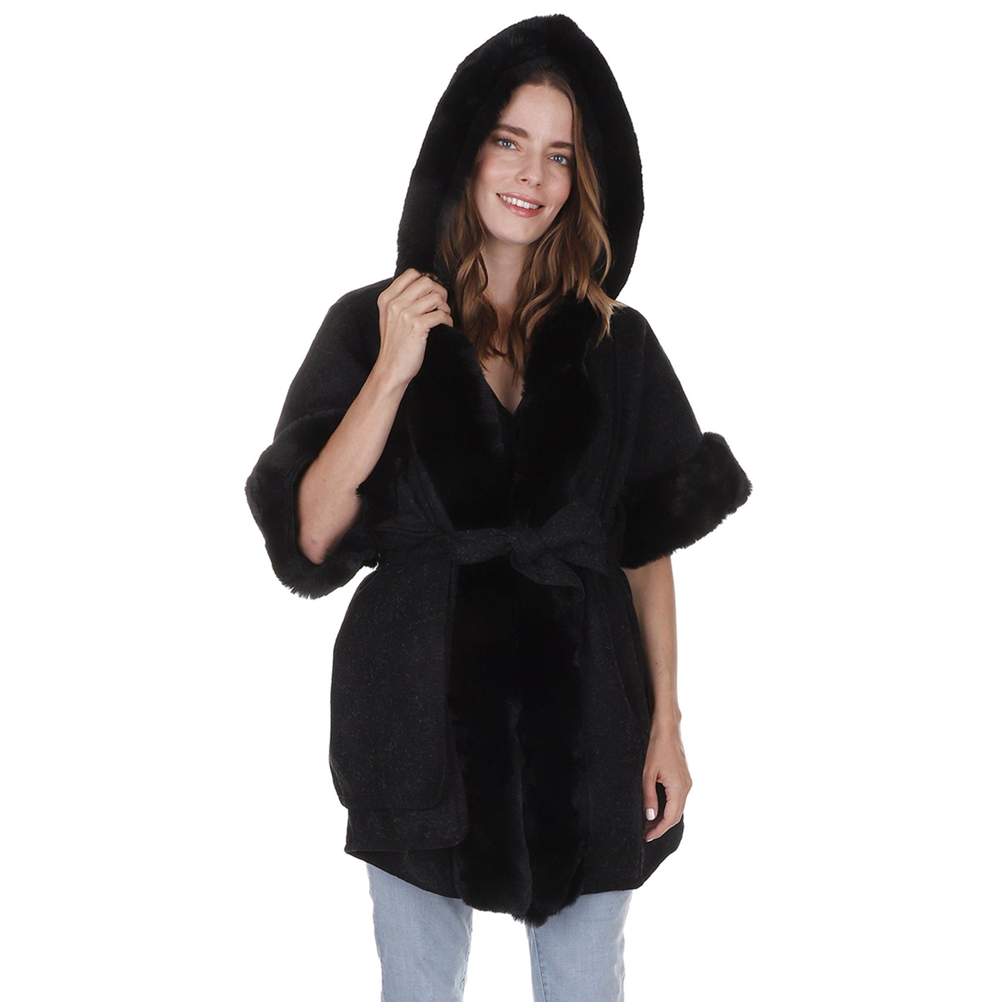 FAUX FUR HOODIE SHAWL P3802 (3PC)