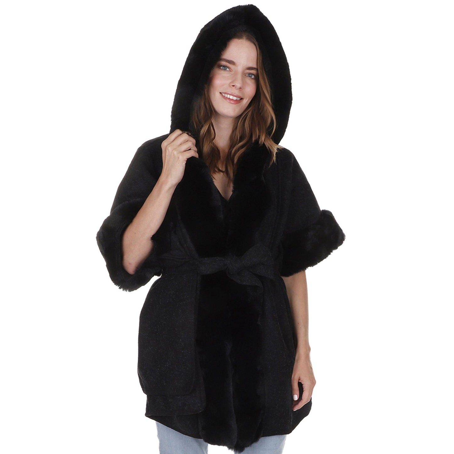 FAUX FUR HOODIE SHAWL P3802 (3PC)