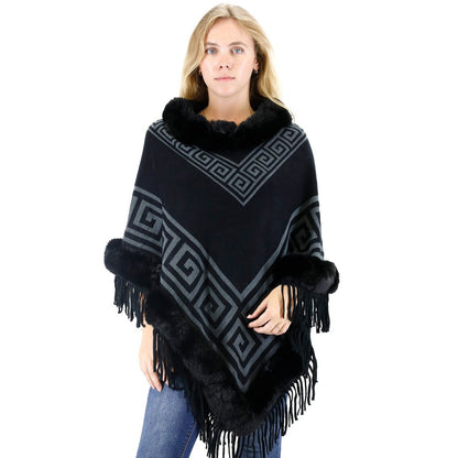 Monogram Pattern Fur Fringed Poncho P195 (12PC)