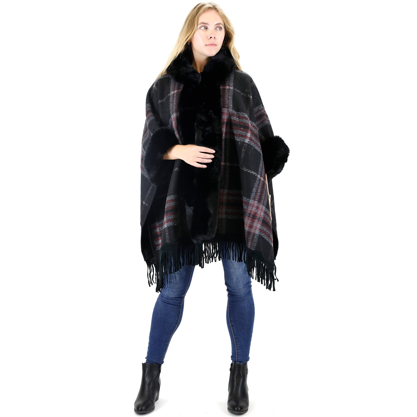 FAUX FUR PLAID PATTERN HOODIE SHAWL P3805 (3PC)