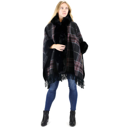 FAUX FUR PLAID PATTERN HOODIE SHAWL P3805 (3PC)