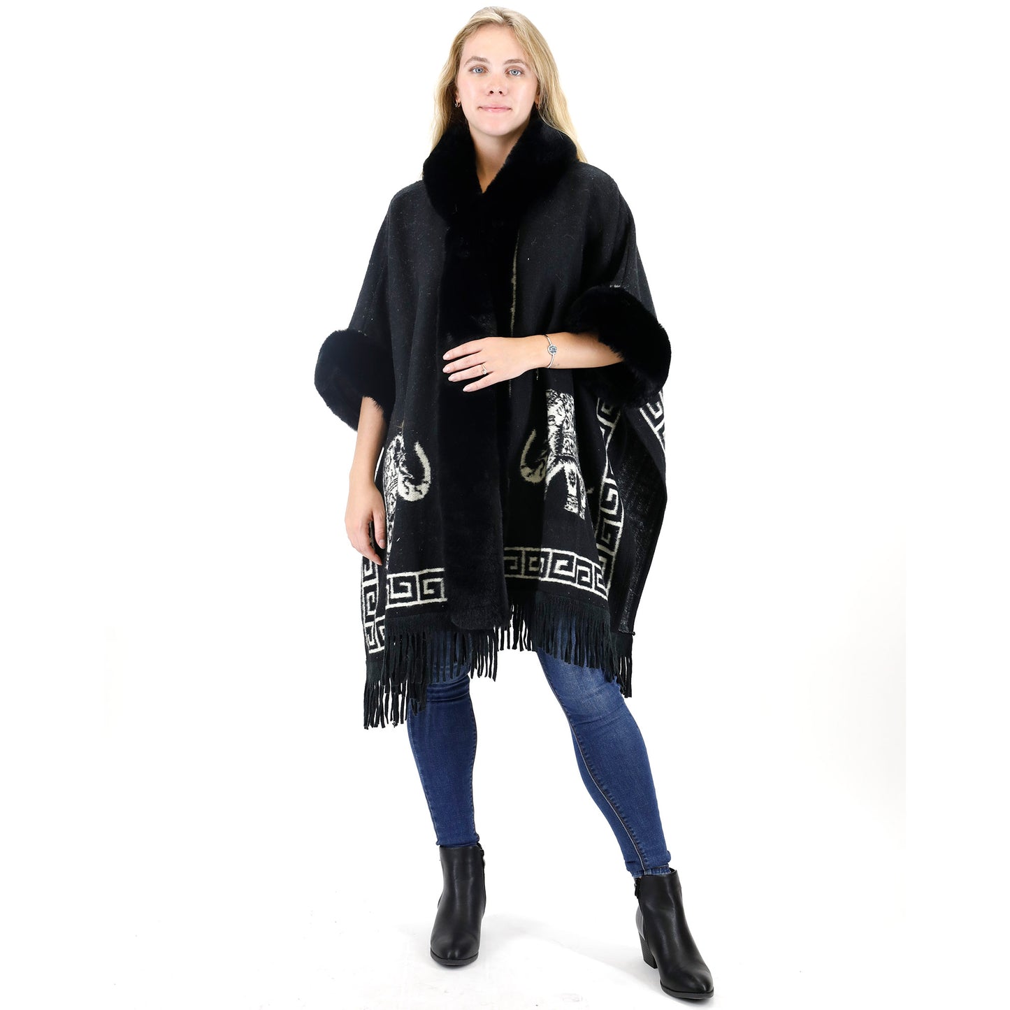 Faux Fur Elephant Pattern Fringed Hoodie Shawl P3825 (3PC)